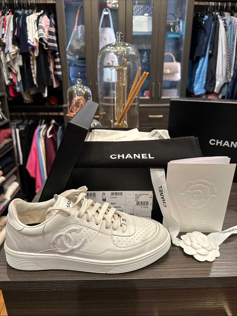 CHANEL White Leather Quilted CC Low-Top Sneakers